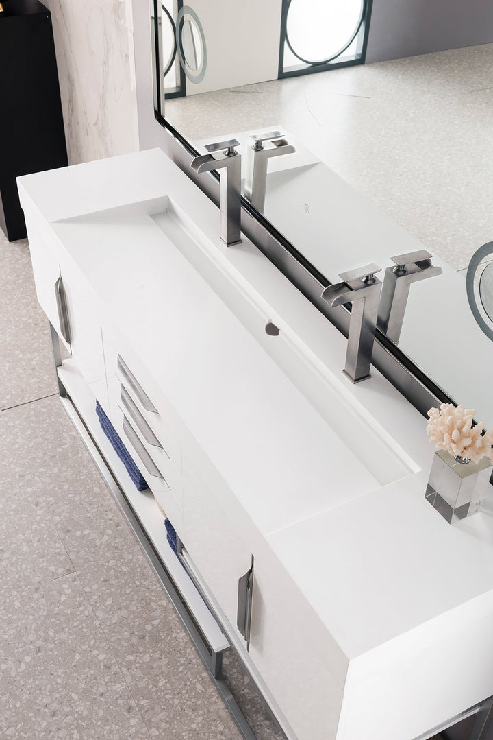 Columbia 72" Double Vanity, Glossy White, Brushed Nickel w/ Glossy White Composite Stone Top