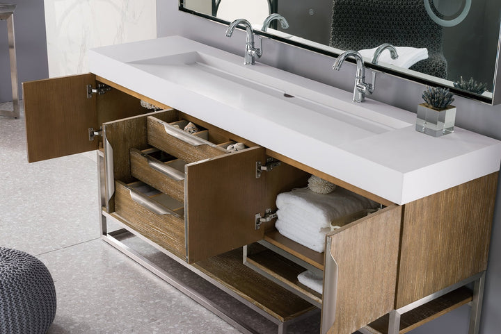 Columbia 72" Double Vanity, Latte Oak, Brushed Nickel w/ Glossy White Composite Stone Top