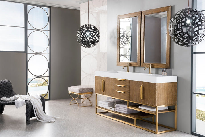 Columbia 72" Double Vanity, Latte Oak, Radiant Gold w/ Glossy White Composite Stone Top