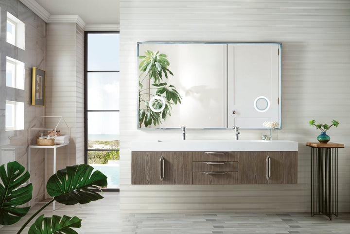 Columbia 72" Double Wall Mount Vanity, Ash Gray, Brushed Nickel w/ Glossy White Composite Stone Top