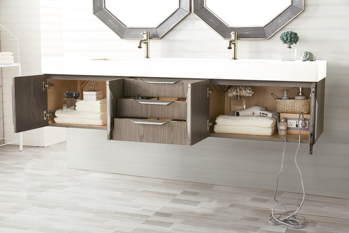 Columbia 72" Double Wall Mount Vanity, Ash Gray, Brushed Nickel w/ Glossy White Composite Stone Top