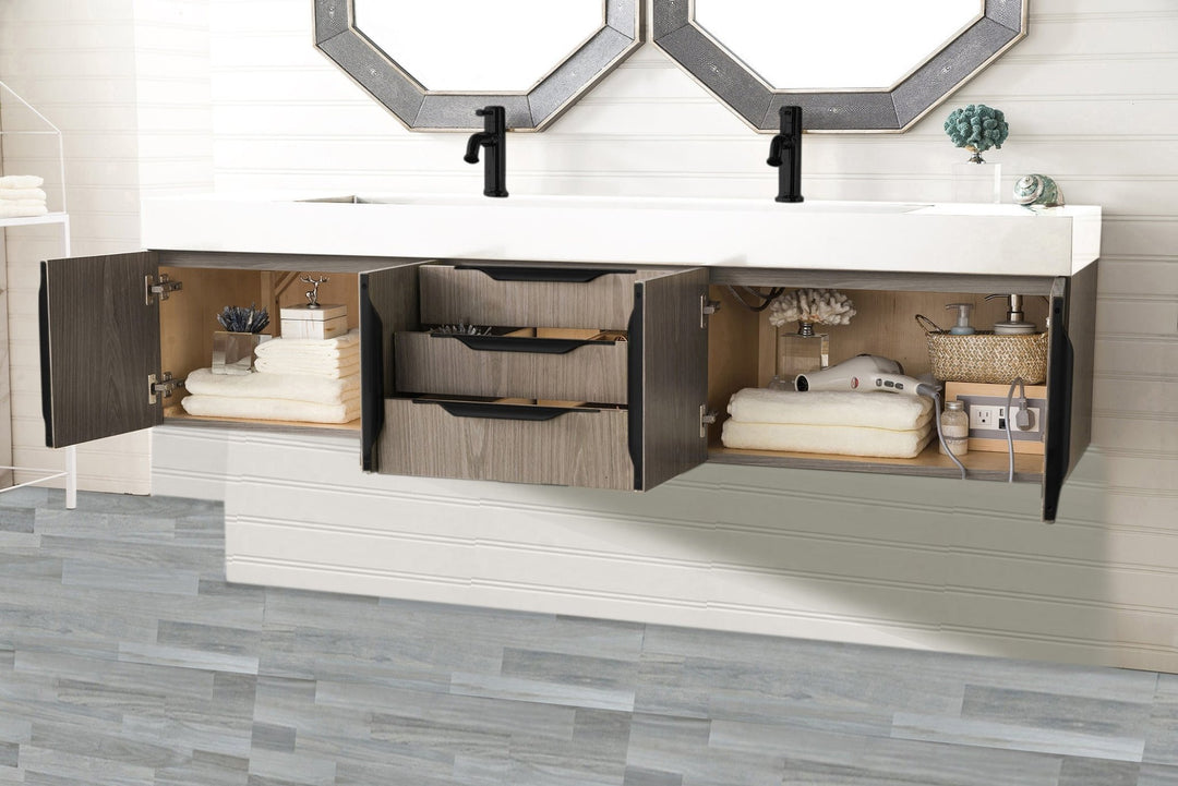 Columbia 72" Double Wall Mount Vanity, Ash Gray, Matte Black w/ Glossy White Composite Stone Top