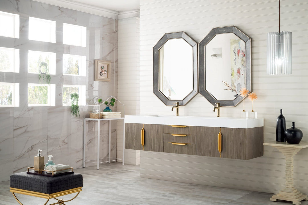 Columbia 72" Double Wall Mount Vanity, Ash Gray, Radiant Gold w/ Glossy White Composite Stone Top