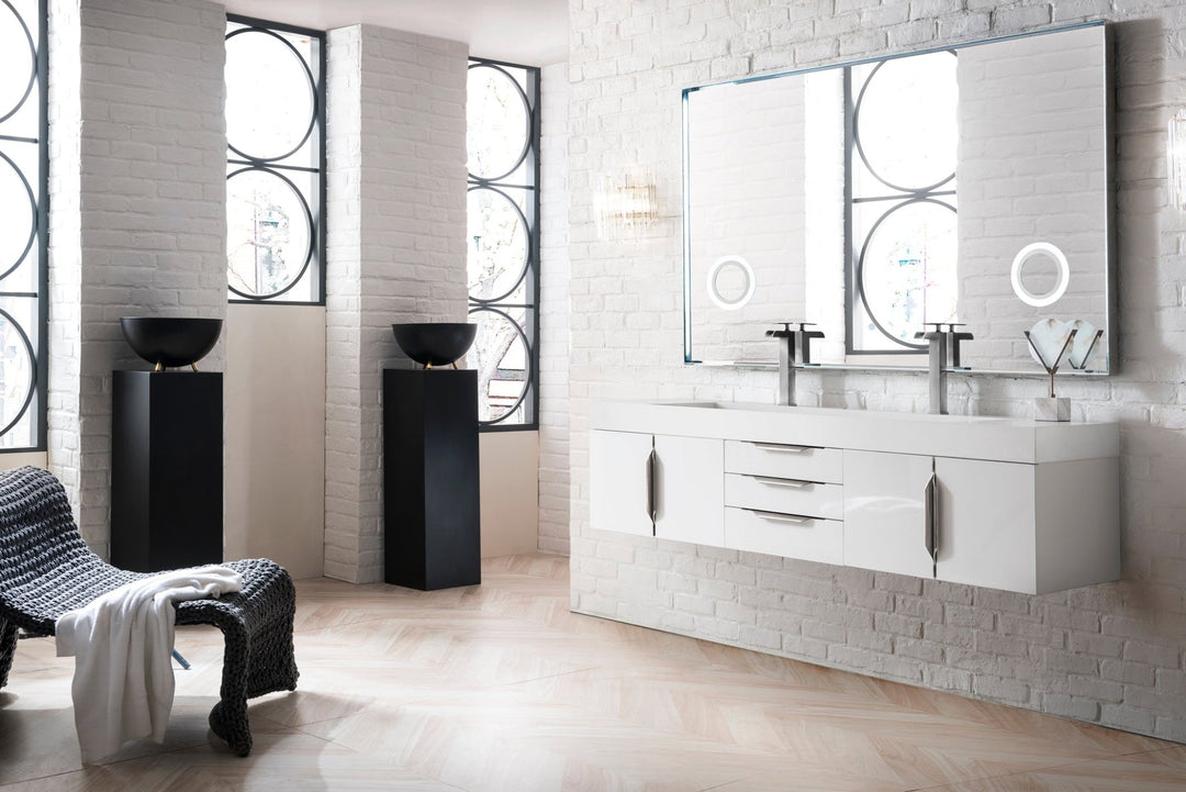 Columbia 72" Double Wall Mount Vanity, Glossy White, Brushed Nickel w/ Glossy White Composite Stone Top