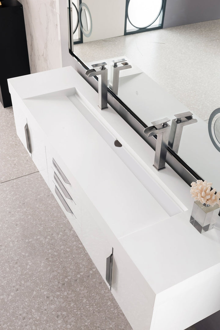 Columbia 72" Double Wall Mount Vanity, Glossy White, Brushed Nickel w/ Glossy White Composite Stone Top