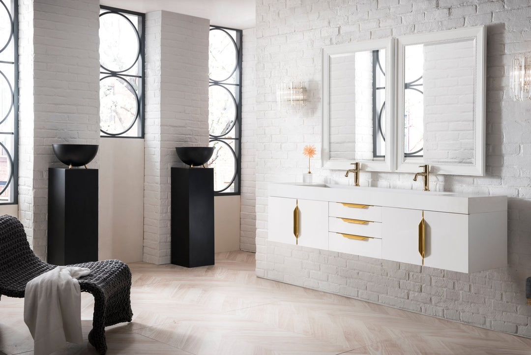 Columbia 72" Double Wall Mount Vanity, Glossy White, Radiant Gold w/ Glossy White Composite Stone Top