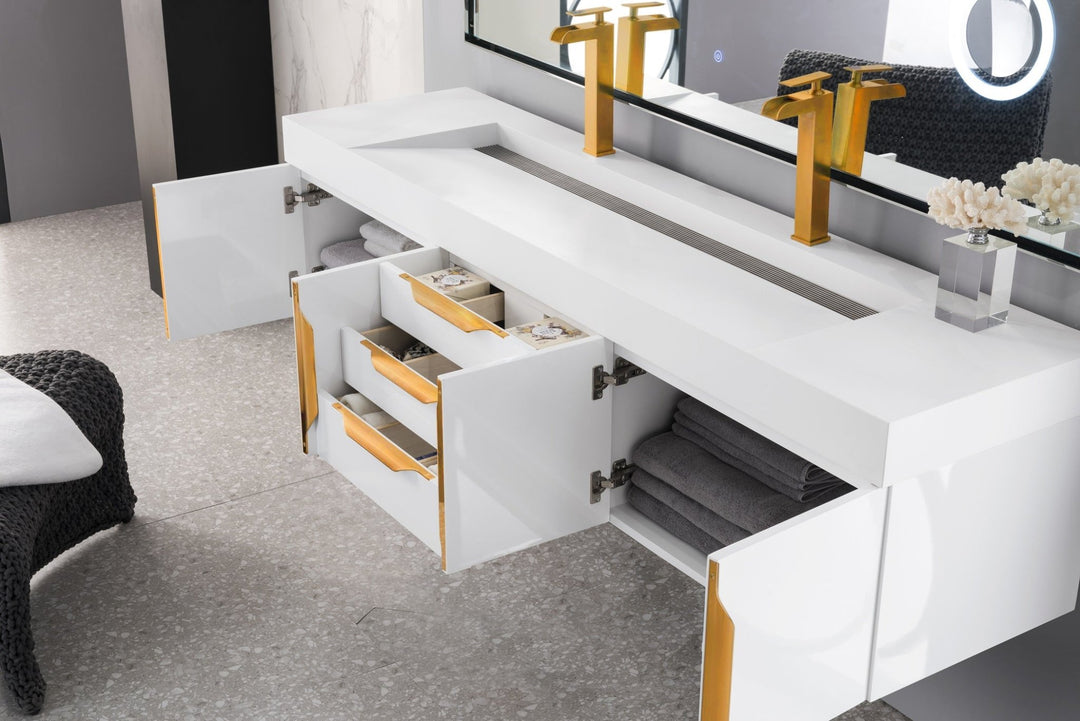 Columbia 72" Double Wall Mount Vanity, Glossy White, Radiant Gold w/ Glossy White Composite Stone Top