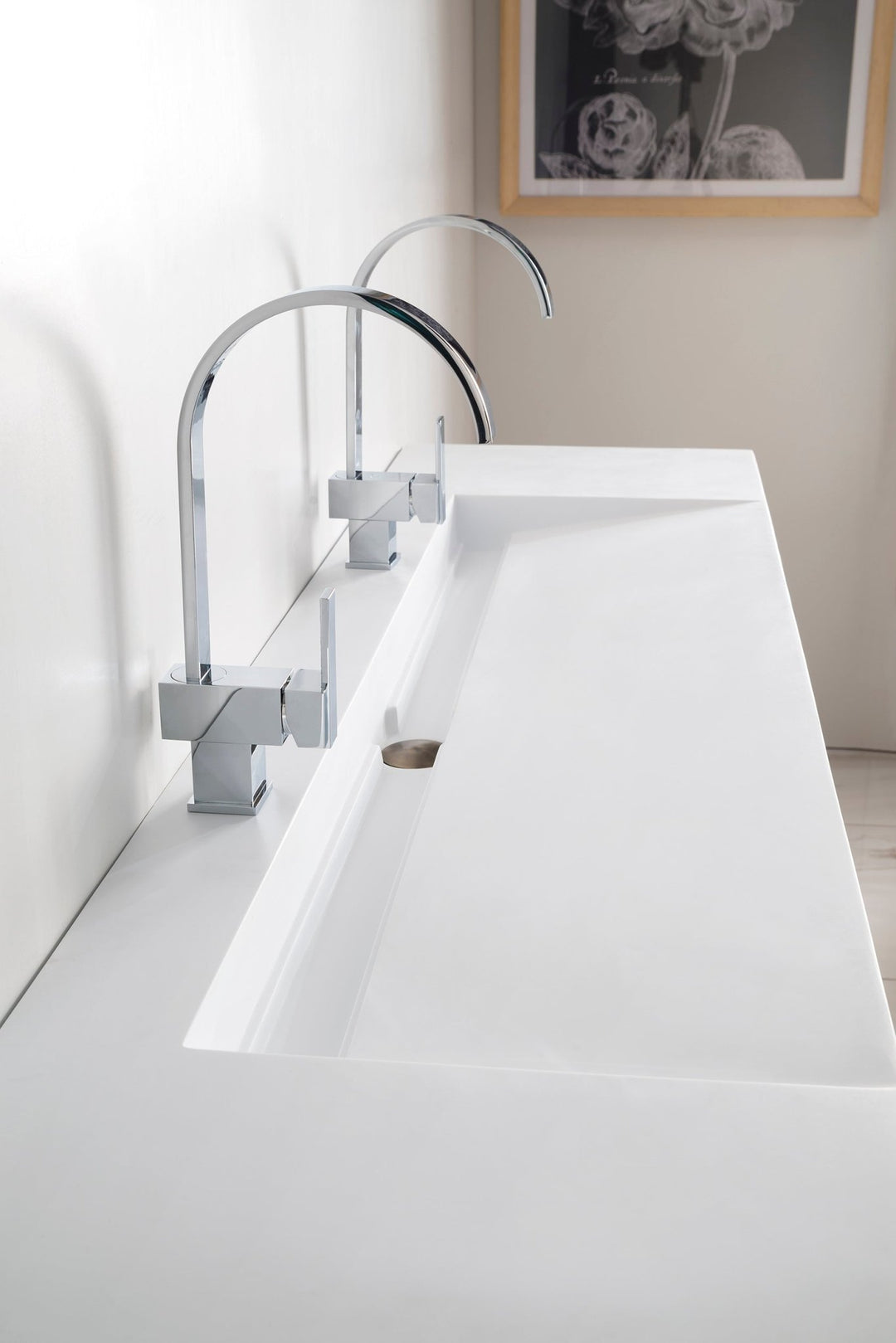 Columbia 72" Double Wall Mount Vanity, Latte Oak, Brushed Nickel w/ Glossy White Composite Stone Top