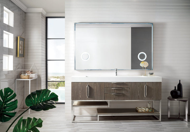 Columbia 72" Single Vanity, Ash Gray, Brushed Nickel w/ Glossy White Composite Stone Top