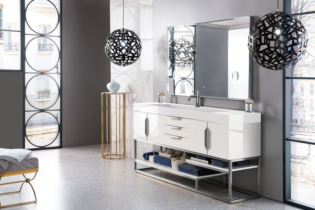Columbia 72" Single Vanity, Glossy White, Brushed Nickel w/ Glossy White Composite Stone Top