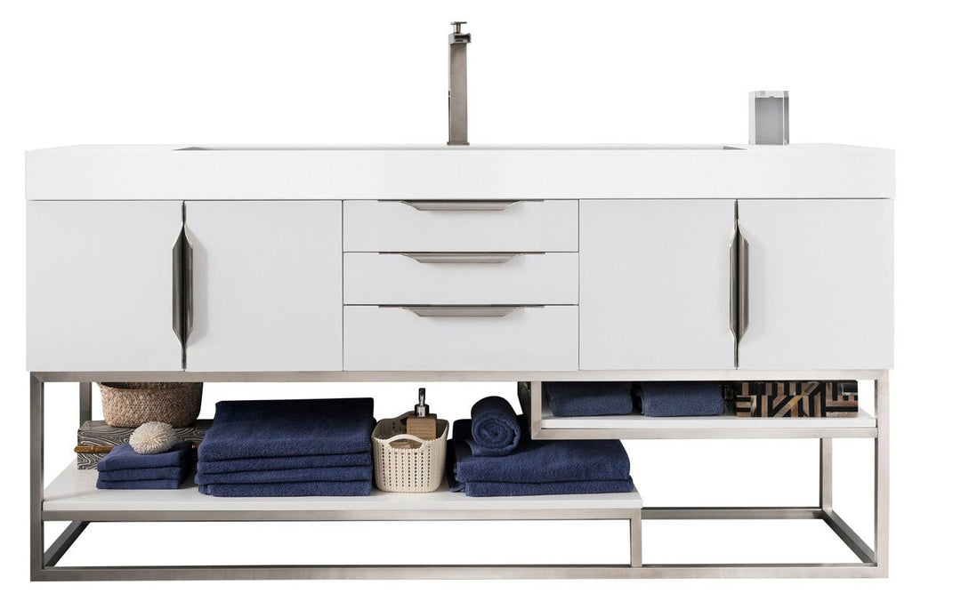 Columbia 72" Single Vanity, Glossy White, Brushed Nickel w/ Glossy White Composite Stone Top