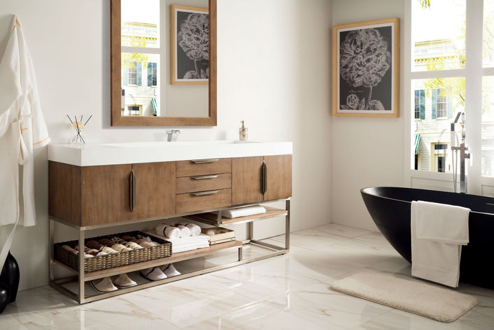 Columbia 72" Single Vanity, Latte Oak, Brushed Nickel w/ Glossy White Composite Stone Top
