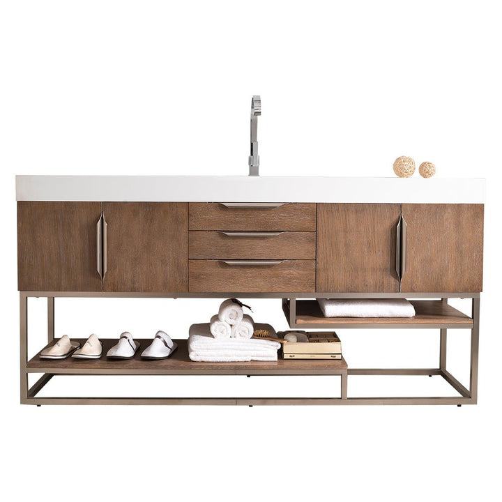 Columbia 72" Single Vanity, Latte Oak, Brushed Nickel w/ Glossy White Composite Stone Top