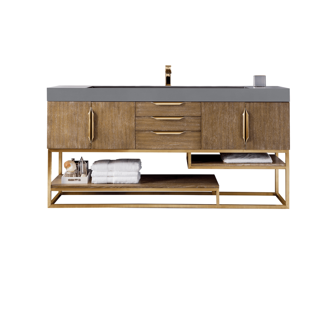Columbia 72" Single Vanity, Latte Oak, Radiant Gold w/ Dusk Grey Glossy Composite Stone Top