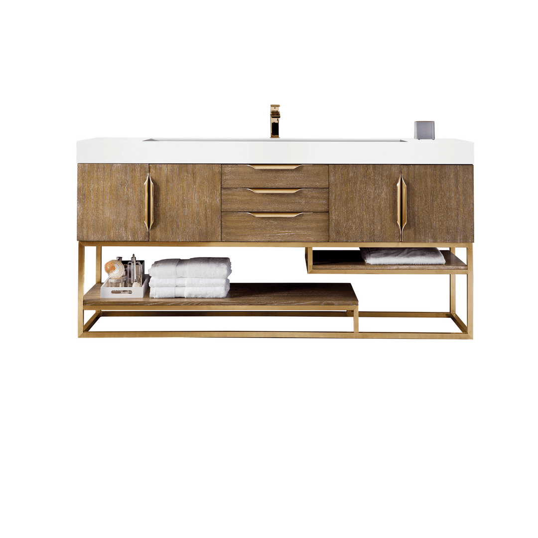 Columbia 72" Single Vanity, Latte Oak, Radiant Gold w/ Glossy White Composite Stone Top