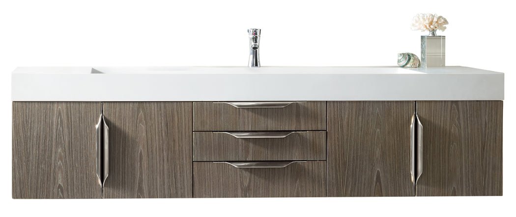 Columbia 72" Single Wall Mount Vanity, Ash Gray, Brushed Nickel w/ Glossy White Composite Stone Top
