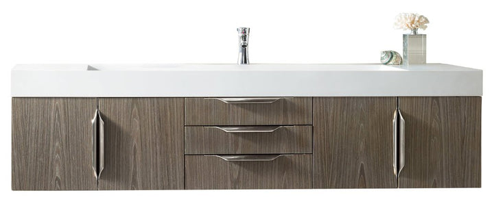 Columbia 72" Single Wall Mount Vanity, Ash Gray, Brushed Nickel w/ Glossy White Composite Stone Top