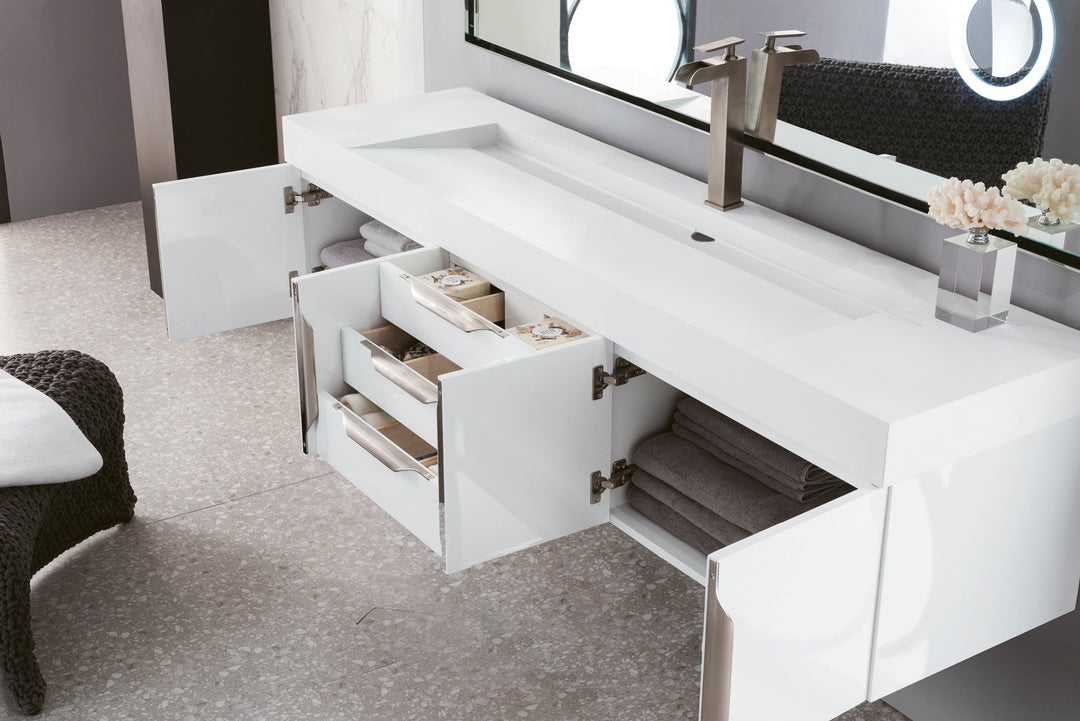 Columbia 72" Single Wall Mount Vanity, Glossy White, Brushed Nickel w/ Glossy White Composite Stone Top