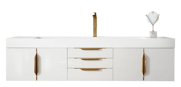 Columbia 72" Single Wall Mount Vanity, Glossy White, Radiant Gold w/ Glossy White Composite Stone Top