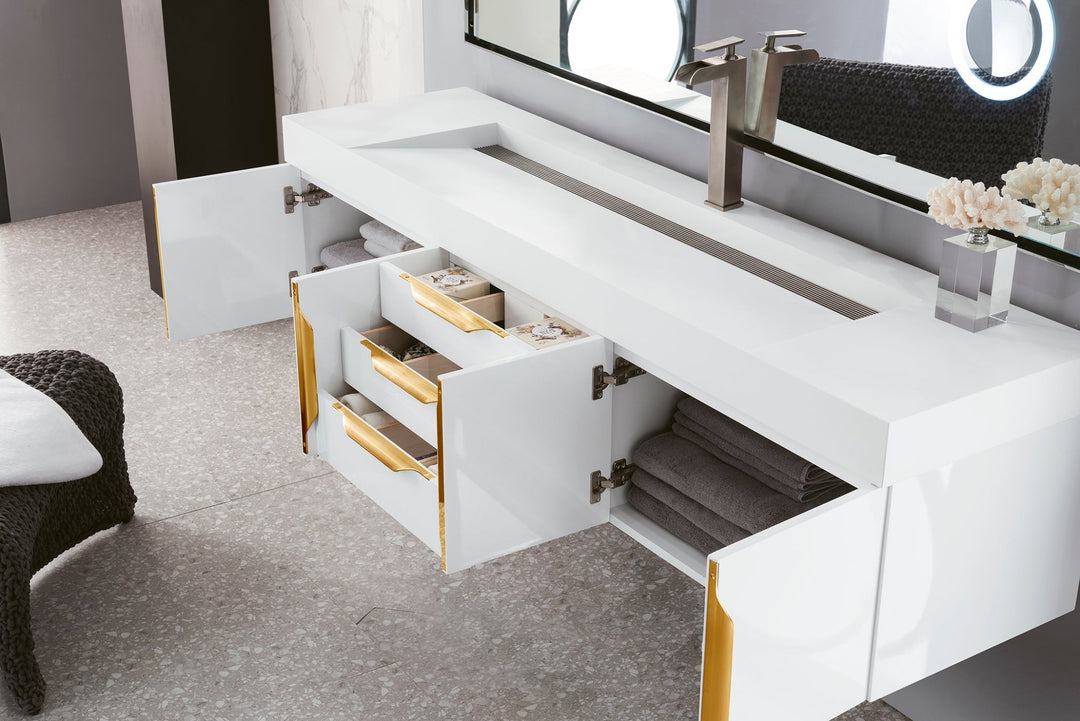 Columbia 72" Single Wall Mount Vanity, Glossy White, Radiant Gold w/ Glossy White Composite Stone Top