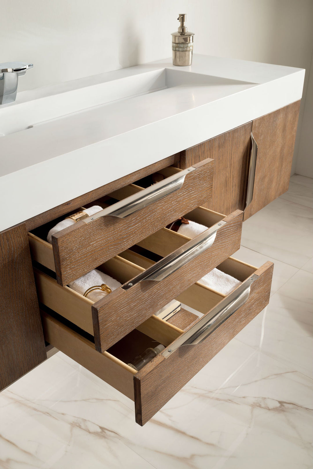 Columbia 72" Single Wall Mount Vanity, Latte Oak, Brushed Nickel w/ Glossy White Composite Stone Top