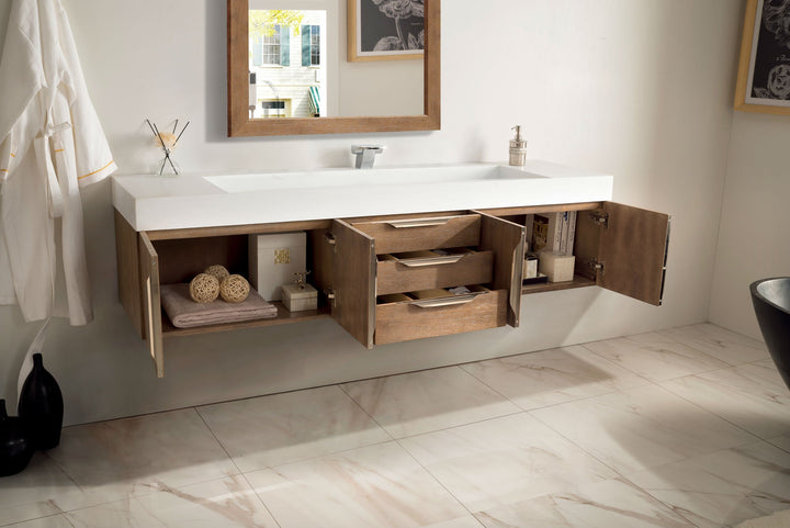 Columbia 72" Single Wall Mount Vanity, Latte Oak, Brushed Nickel w/ Glossy White Composite Stone Top