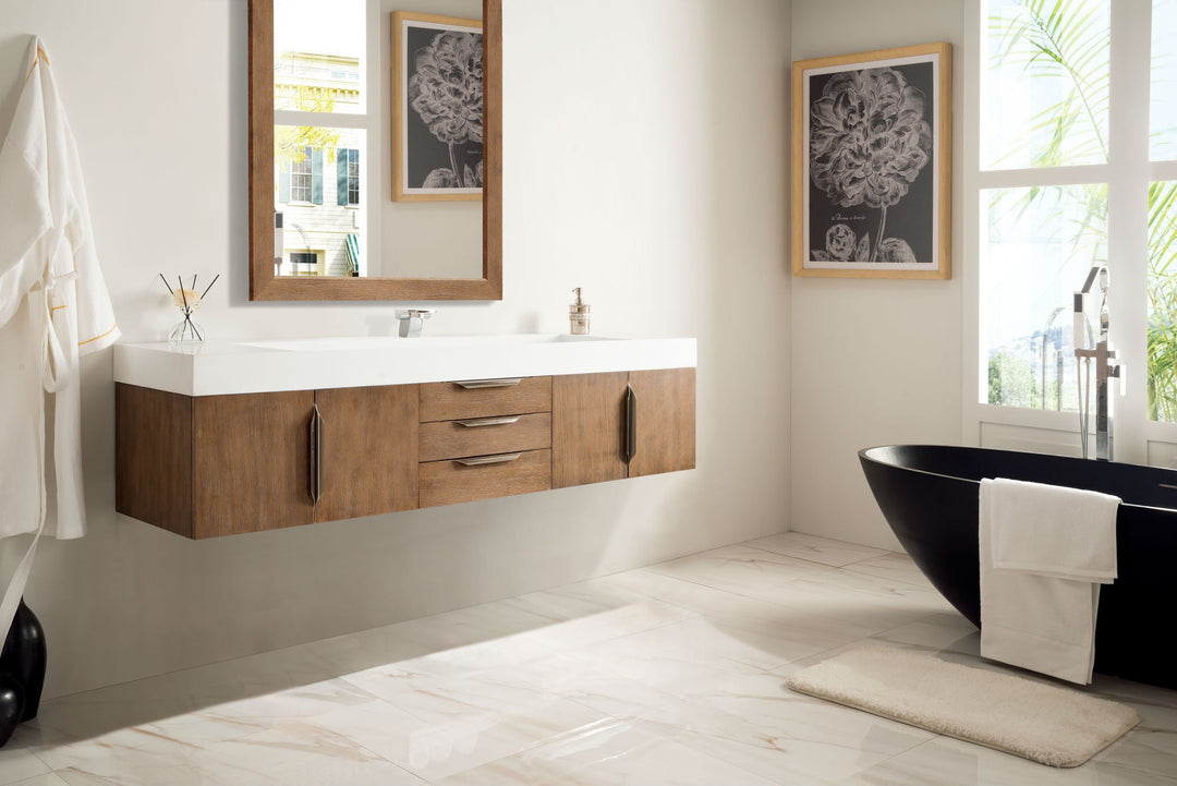 Columbia 72" Single Wall Mount Vanity, Latte Oak, Brushed Nickel w/ Glossy White Composite Stone Top