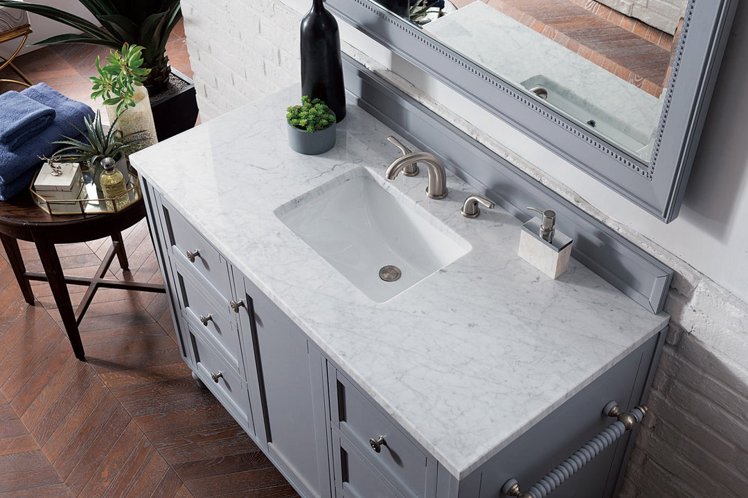 Copper Cove Encore 48" Single Vanity, Silver Gray w/ 3 CM Carrara Marble Top