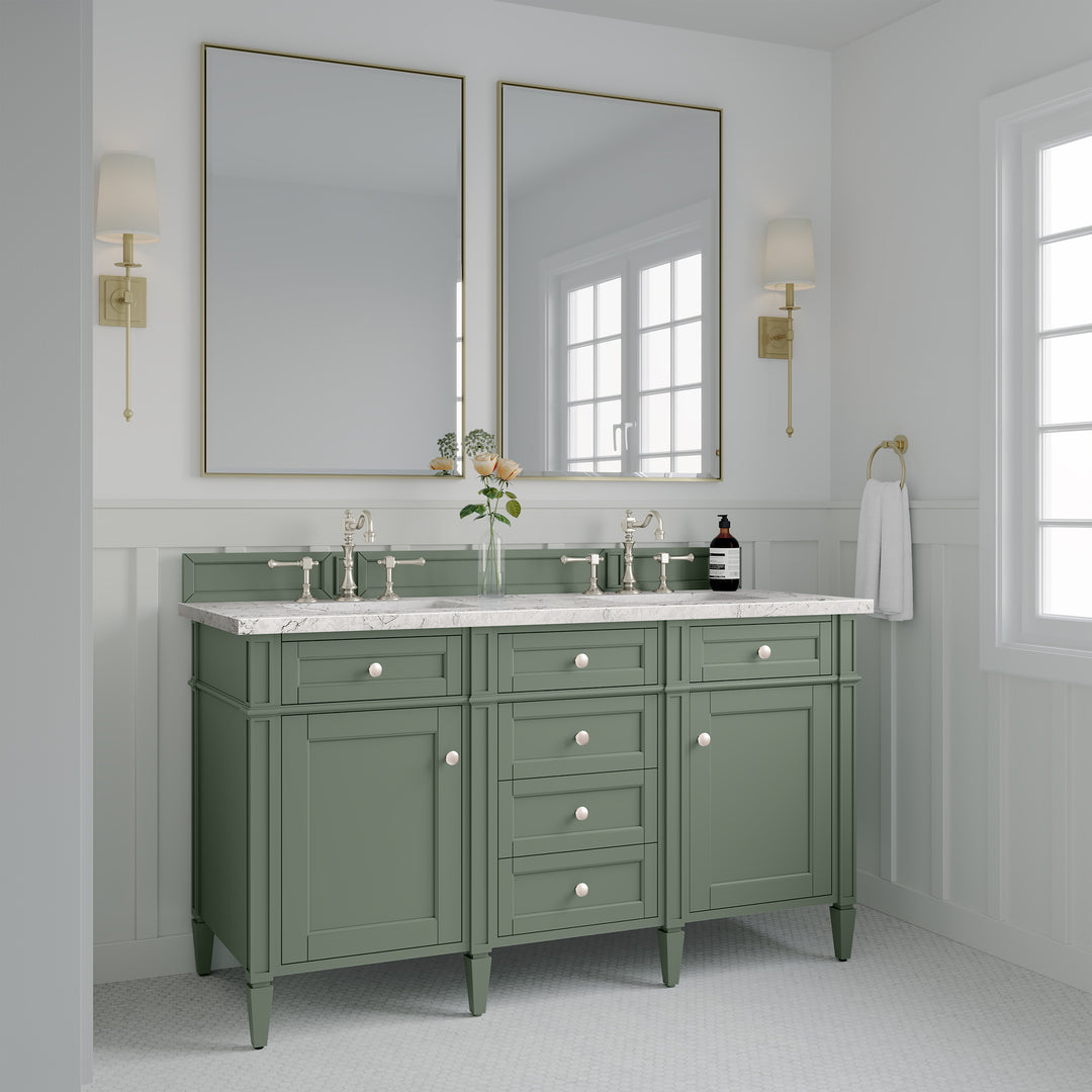 Brittany 60" Double Vanity, Smokey Celadon w/ 3 CM Eternal Jasmine Pearl Top w/FreePower Wireless Charger