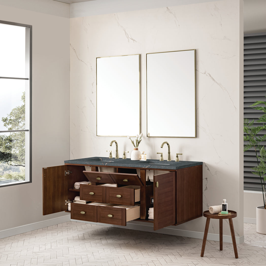 Amberly 60" Double Vanity, Mid-Century Walnut w/ 3 CM Parisien Bleu Top w/FreePower Wireless Charger