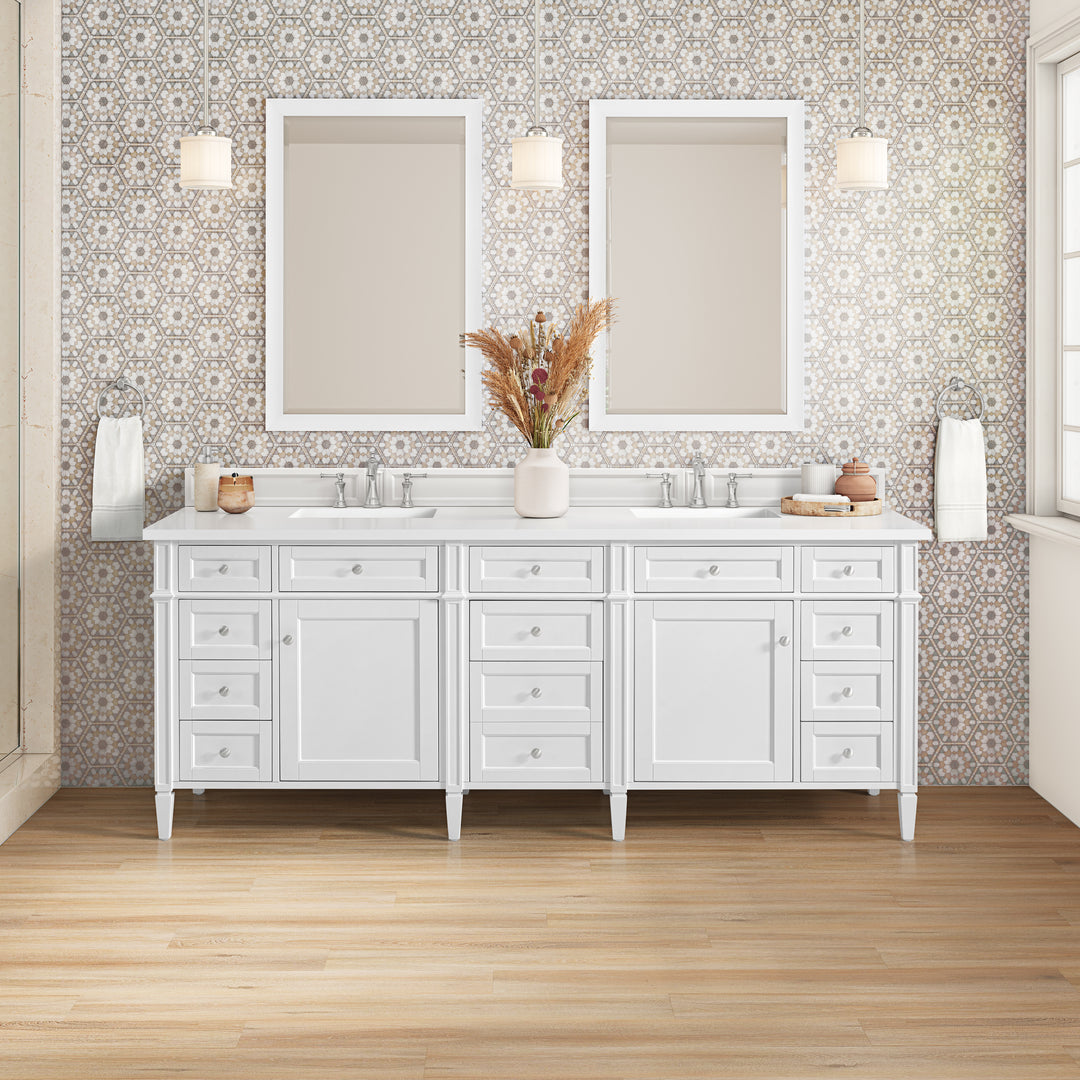 Brittany 84" Double Vanity, Bright White w/ 3 CM White Zeus Silestone Top