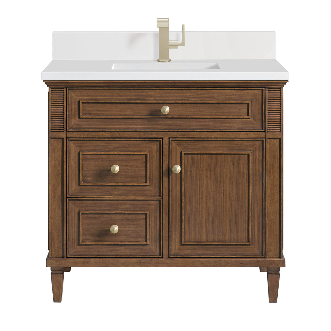 Lorelai 36" Single Vanity, Mid-Century Walnut w/ Single Hole 3 CM White Zeus Silestone Top & Backsplash