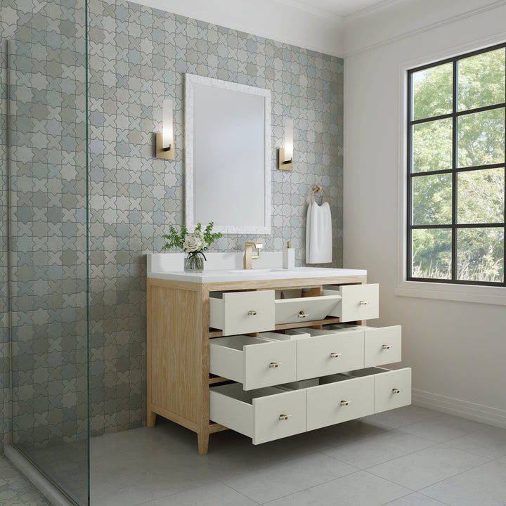 Celeste 48" Single Vanity, Sunwashed Oak with Embossed Shagreen w/ Single Hole 3 CM White Zeus Silestone Top & Backsplash