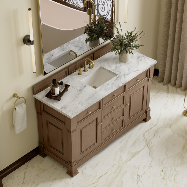 Brookfield 60" Single Vanity, Pecan w/ 3 CM Carrara White Marble Top