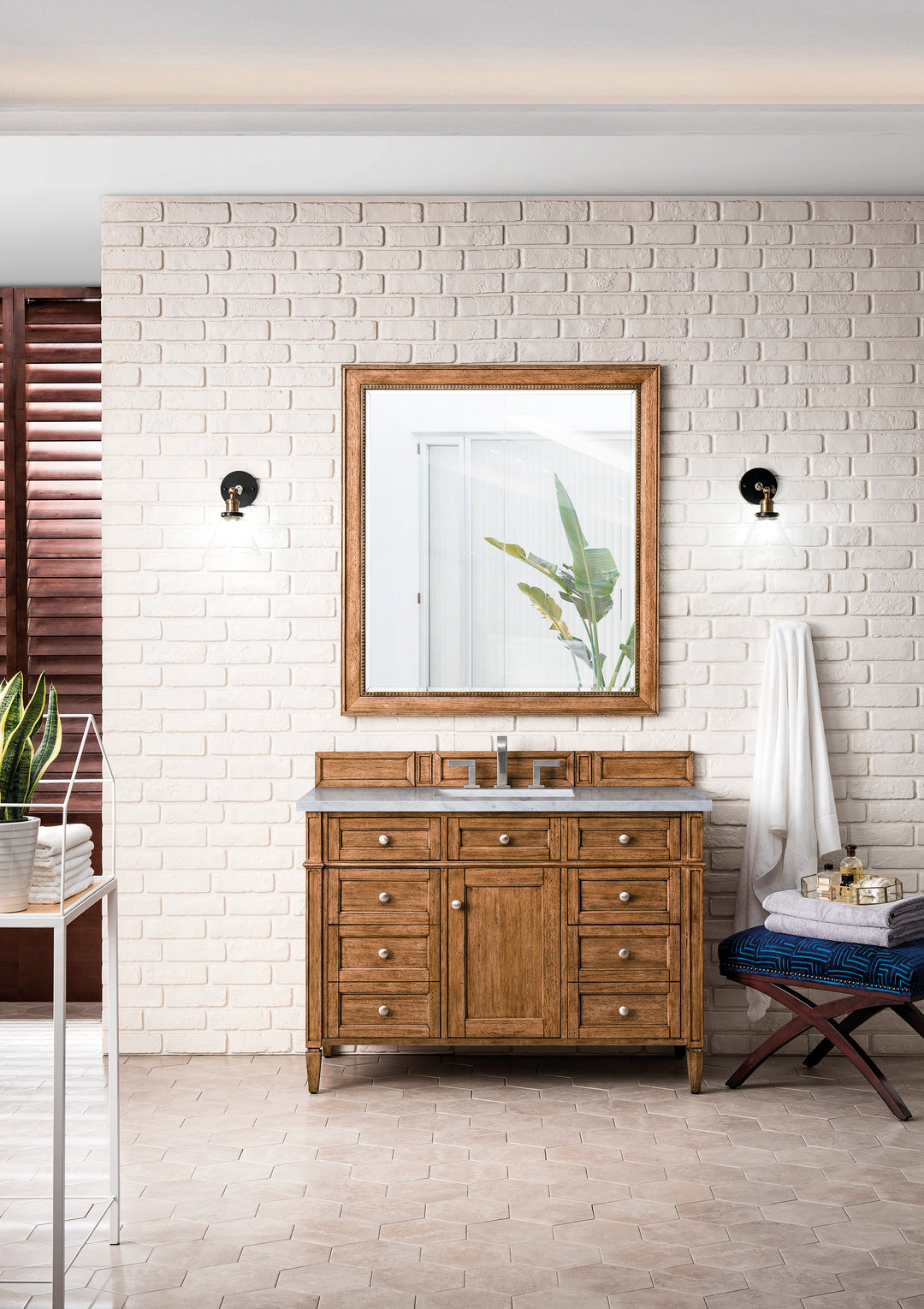 Brittany 48" Single Vanity, Saddle Brown w/ 3 CM Eternal Jasmine Pearl Silestone Top