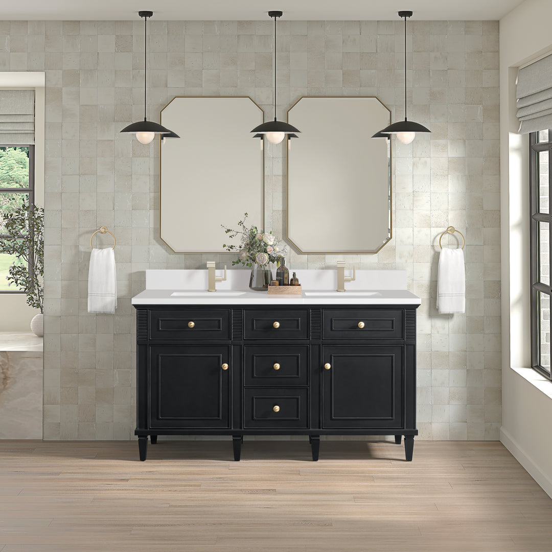Lorelai 60" Double Vanity, Black Onyx w/ Single Hole 3 CM White Zeus Silestone Top & Backsplash