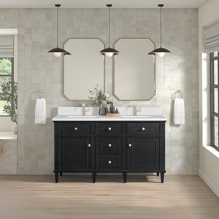 Lorelai 60" Double Vanity, Black Onyx w/ Single Hole 3 CM White Zeus Silestone Top & Backsplash