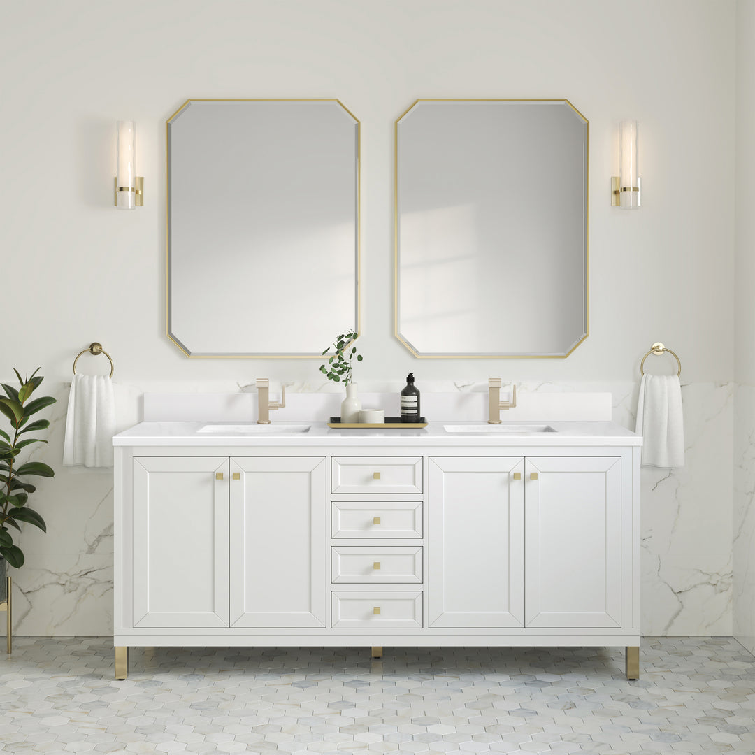 Chicago 72" Double Vanity, Glossy White, w/ Single Hole 3CM White Zeus Silestone® Top & Backsplash