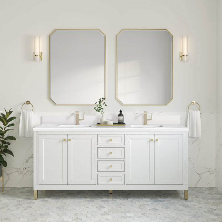 Chicago 72" Double Vanity, Glossy White, w/ Single Hole 3CM White Zeus Silestone® Top & Backsplash