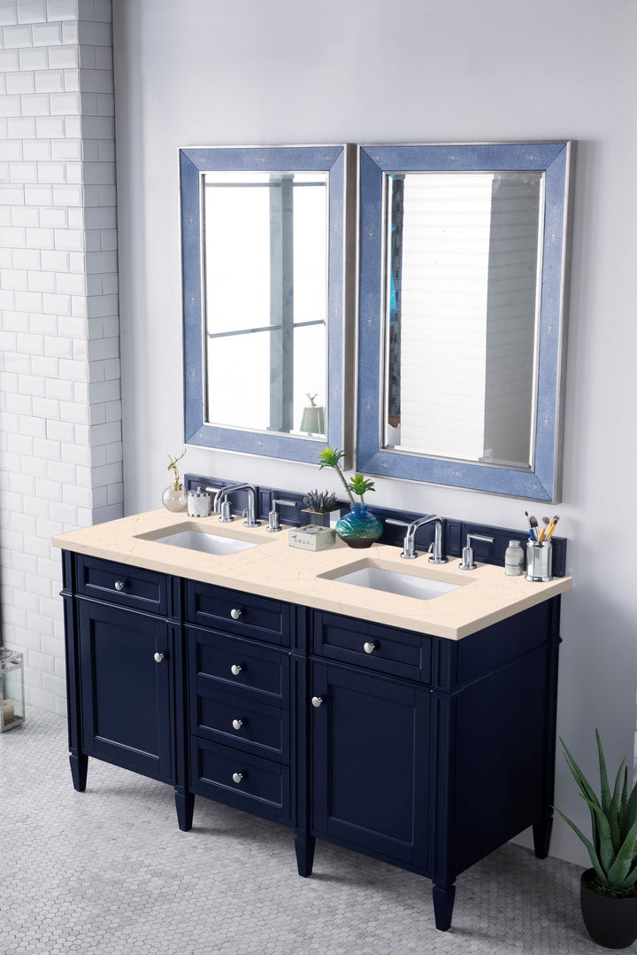 Brittany 60" Double Vanity, Victory Blue w/ 3 CM Eternal Marfil Silestone Top
