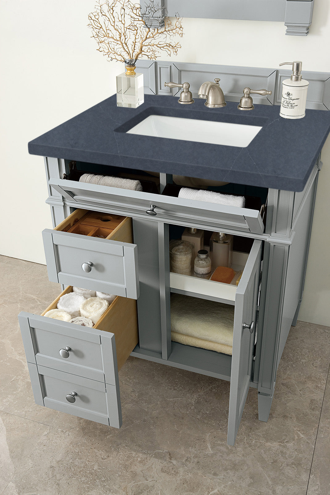 Brittany 30" Single Vanity, Urban Gray, w/ 3 CM Charcoal Soapstone Silestone Top