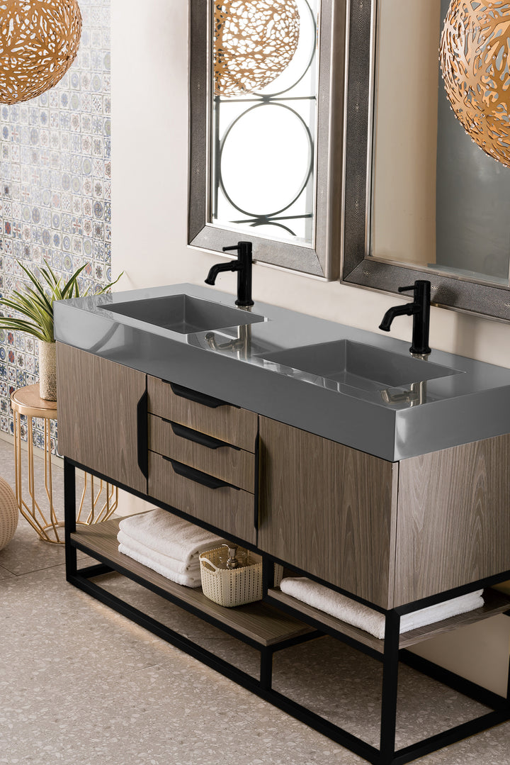 Columbia 59" Double Vanity, Ash Gray, Matte Black w/ Dusk Grey Glossy Composite Stone Top