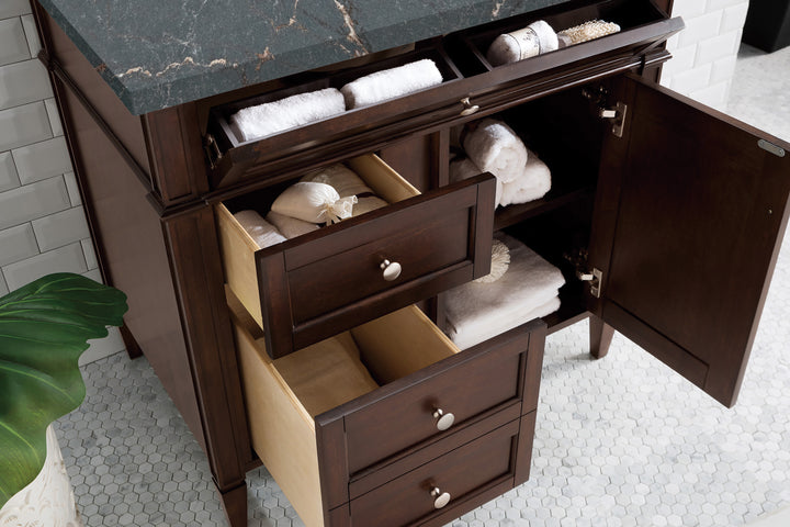 Brittany 36" Single Vanity, Burnished Mahogany w/ 3 CM Parisien Bleu Silestone Top