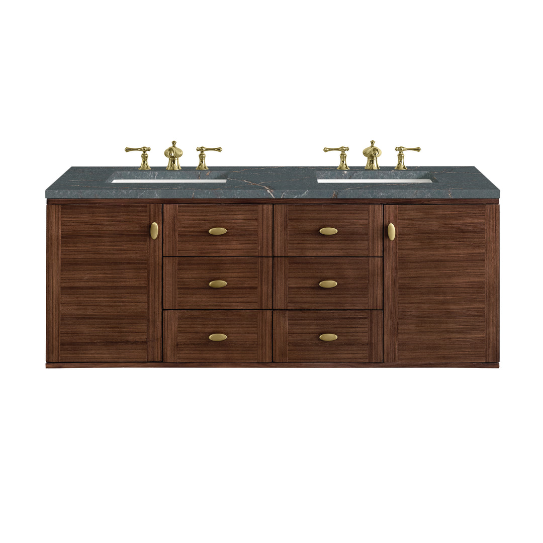 Amberly 60" Double Vanity, Mid-Century Walnut w/ 3 CM Parisien Bleu Top