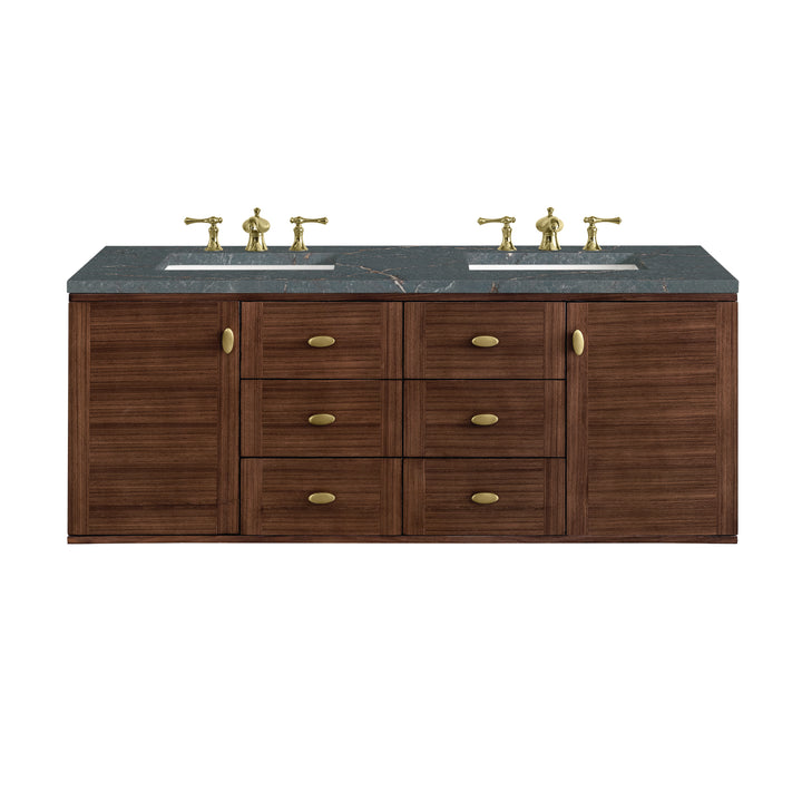 Amberly 60" Double Vanity, Mid-Century Walnut w/ 3 CM Parisien Bleu Top w/FreePower Wireless Charger