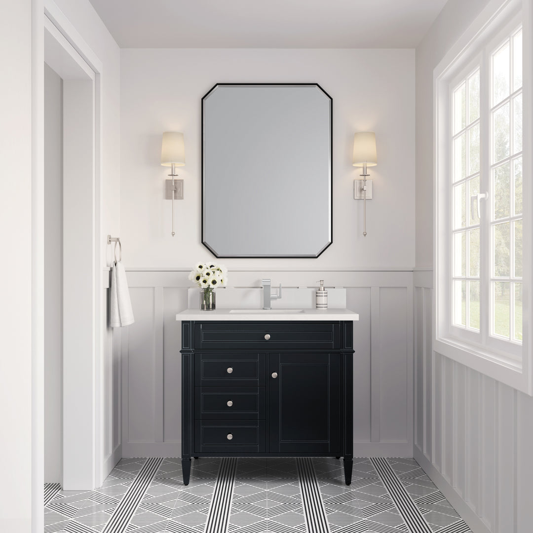Brittany 36" Single Vanity, Black Onyx w/ Single Hole 3 CM White Zeus Silestone Top & Backsplash