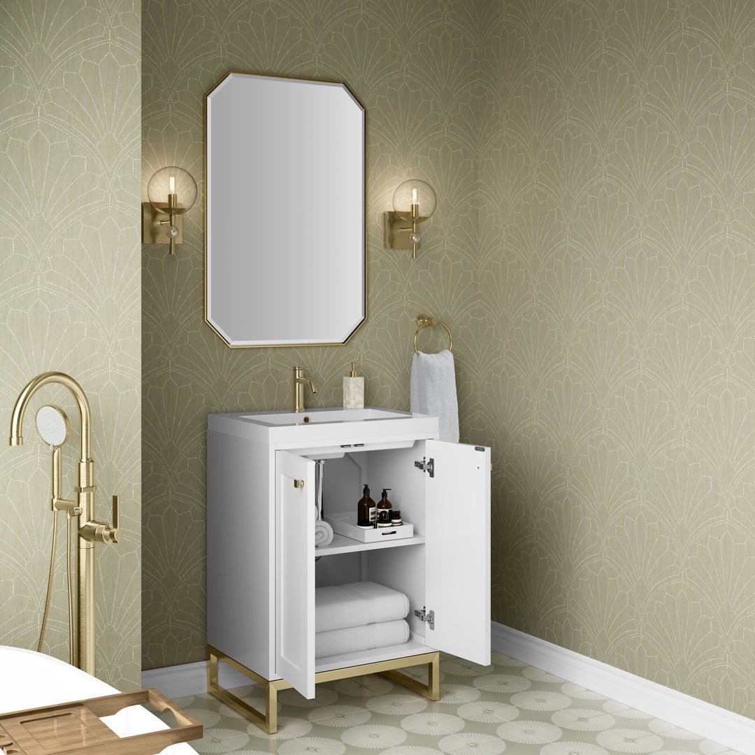 Chianti 24" Single Vanity, Glossy White, Champagne Brass, w/ White Glossy Composite Stone Top