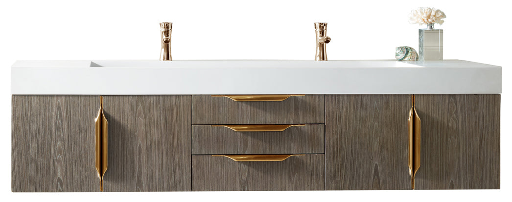 Columbia 72" Double Wall Mount Vanity, Ash Gray, Radiant Gold w/ Glossy White Composite Stone Top