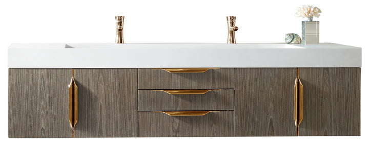 Columbia 72" Double Wall Mount Vanity, Ash Gray, Radiant Gold w/ Glossy White Composite Stone Top