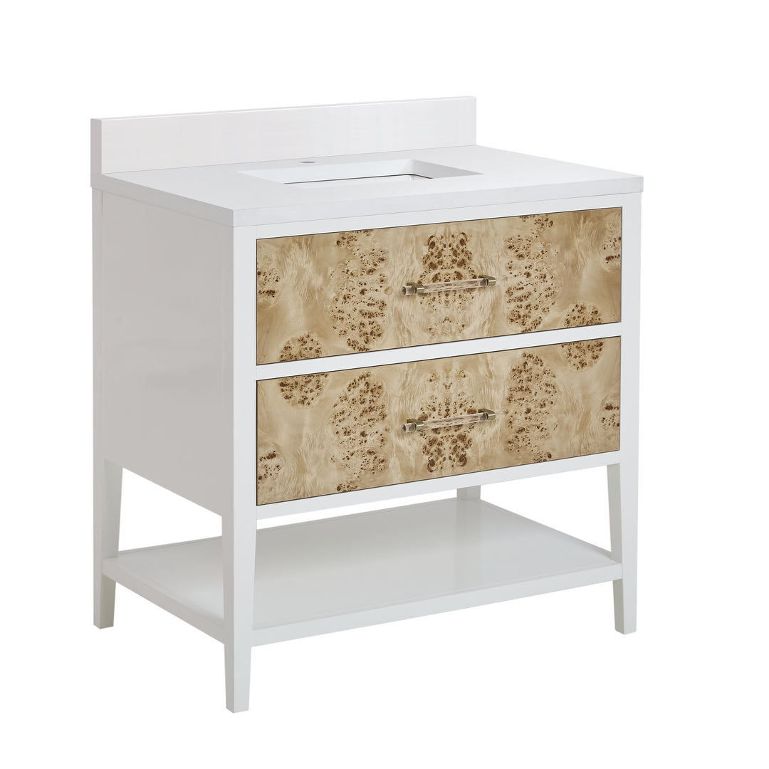 Olena 36" Single Vanity, Light Mappa Burl and Polished White w/ Single Hole 3 CM White Zeus Silestone Top & Backsplash